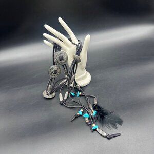 Vintage Southwestern Concho Necklace Black Leather Feather Silver Tone Western